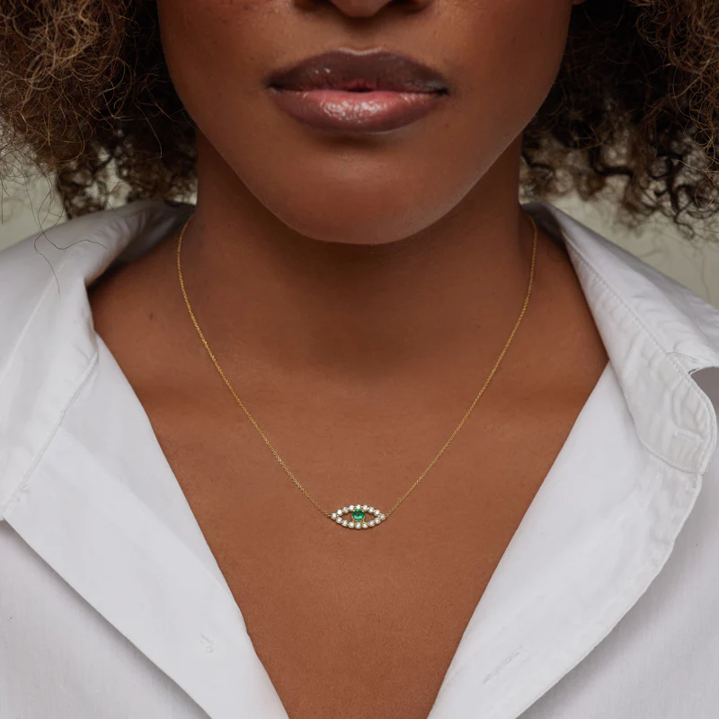 Medium Diamond Open Evil Eye Necklace with Emerald Center - Image 4