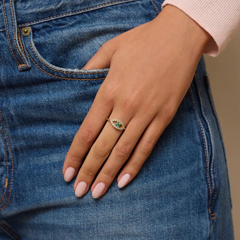 Medium Diamond Open Evil Eye Ring with Emerald Center - Image 5