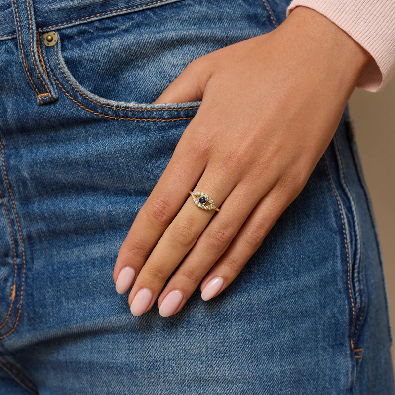 Medium Diamond Open Evil Eye Ring with Sapphire Center - Image 5