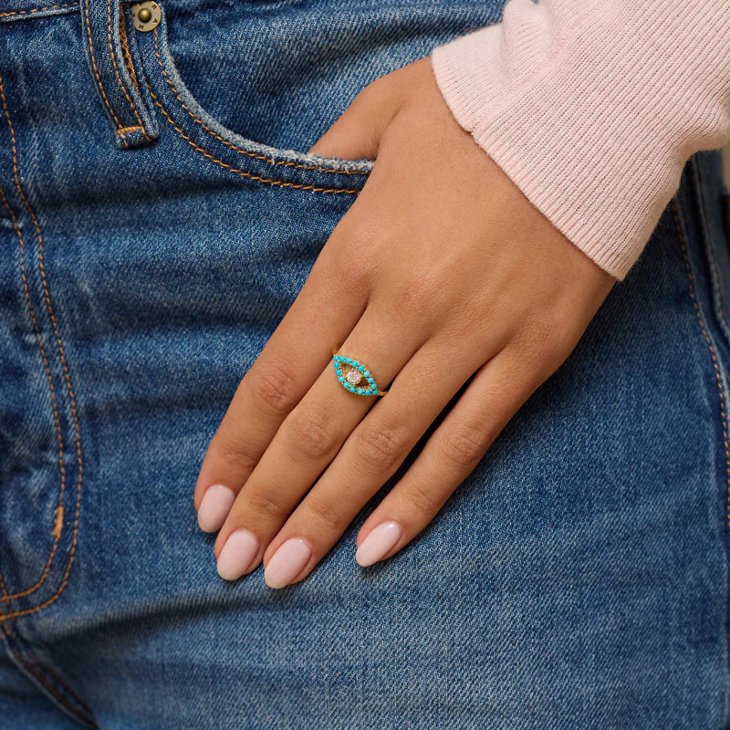 Medium Turquoise Open Evil Eye Ring with Diamond Center - Image 5