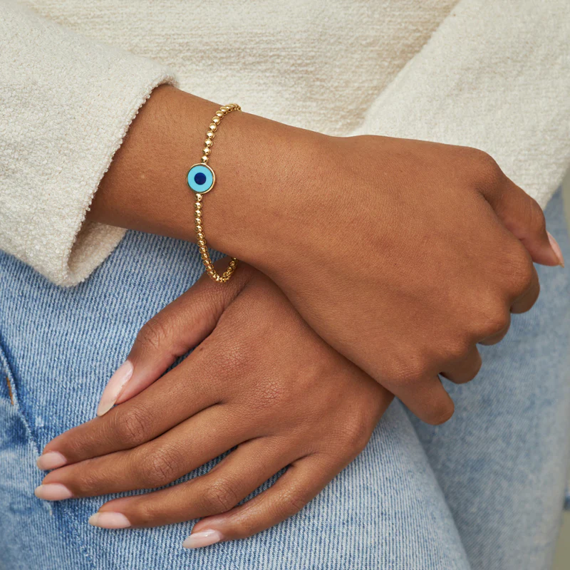 Bezel Tennis Bracelet with Mini Turquoise Inlay Evil Eye Accent - Image 2