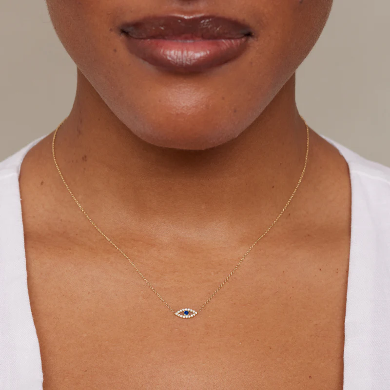 Mini Diamond Open Evil Eye Necklace with Blue Sapphire Center - Image 3