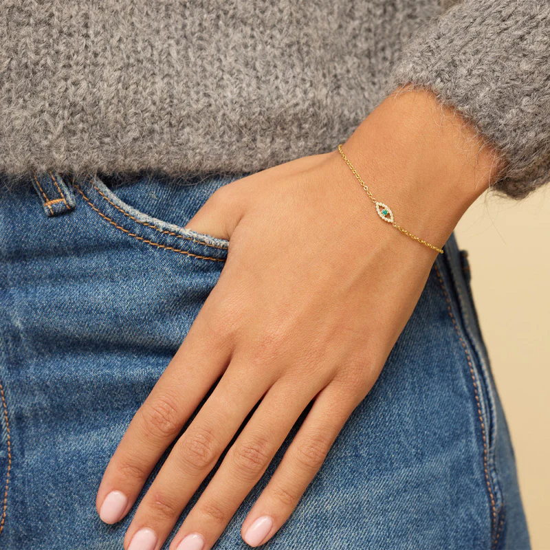 Mini Diamond Open Evil Eye with Emerald Center Bracelet - Image 2