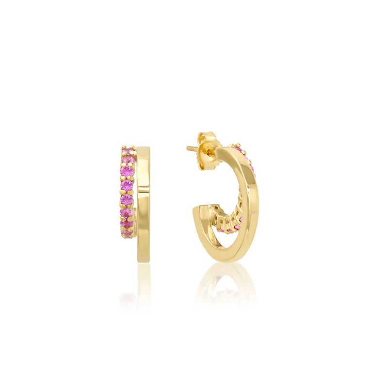 Mini Double Hoop with 4-Prong Pink Sapphire Accent - Image 2
