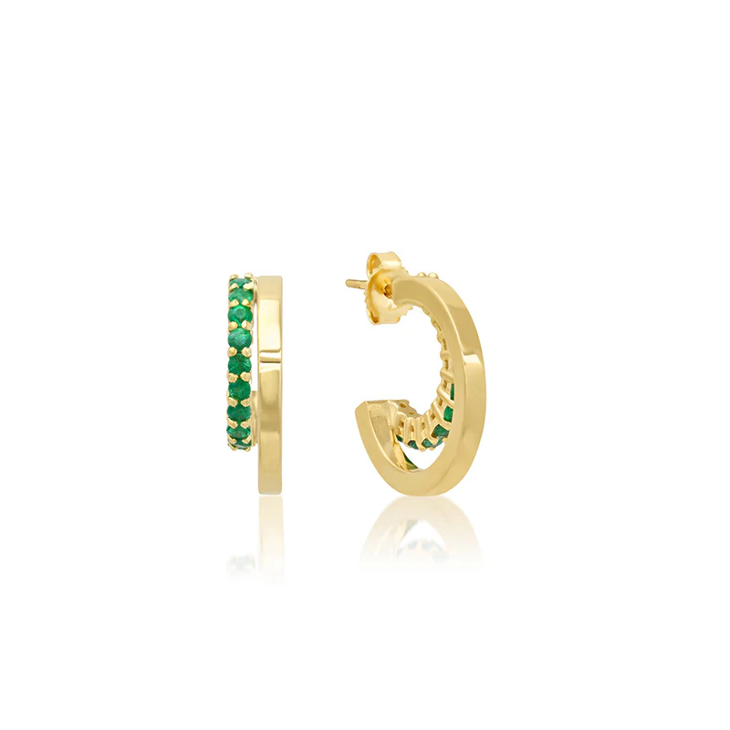 Mini Double Hoops with 4-Prong Emerald Accent - Image 2
