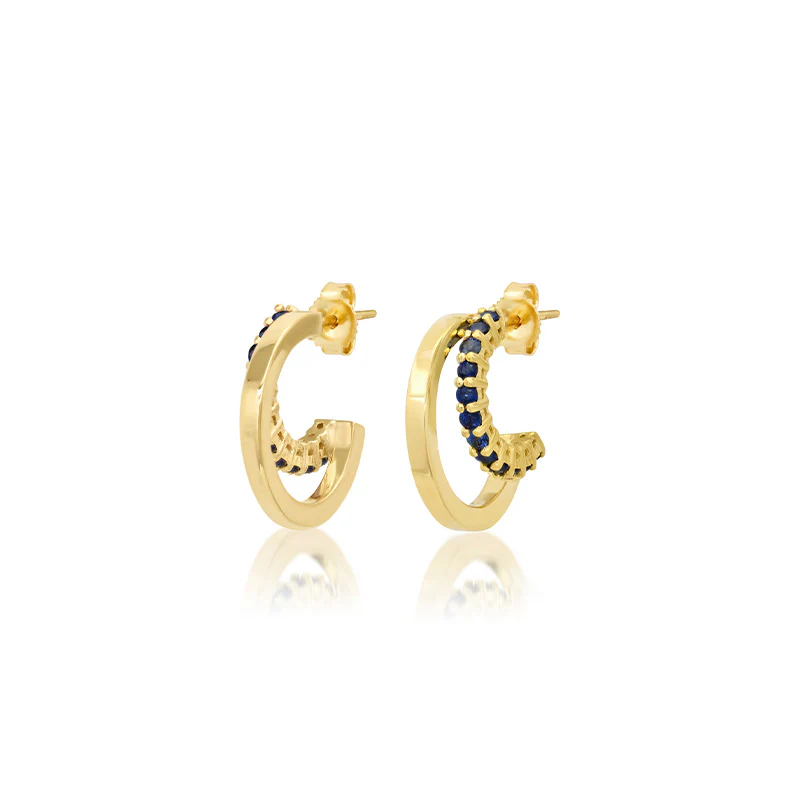 Mini Double Hoops with 4-Prong Blue Sapphire Accent