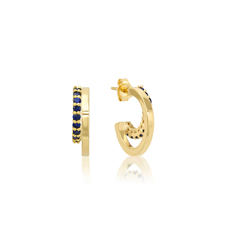 Mini Double Hoops with 4-Prong Blue Sapphire Accent - Image 2