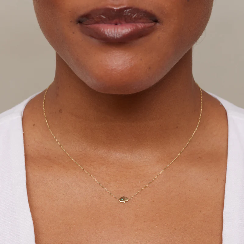 Mini Hamsa Necklace with Emerald Center - Image 3