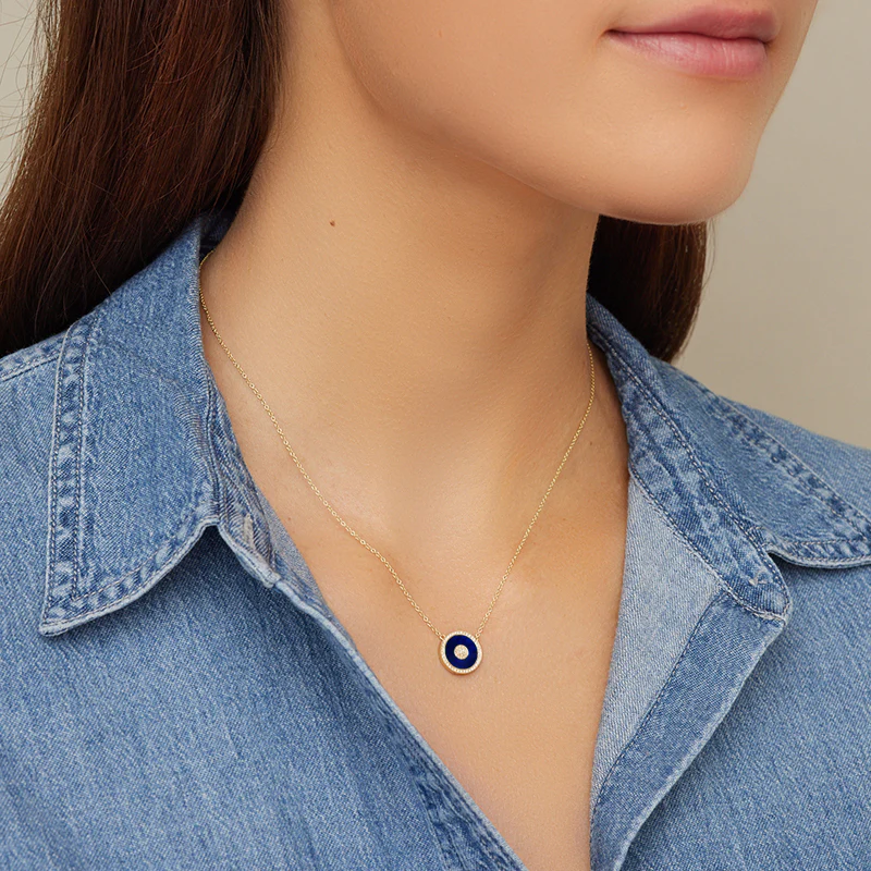 Mini Lapis and Diamond Inlay Evil Eye Necklace - Image 4