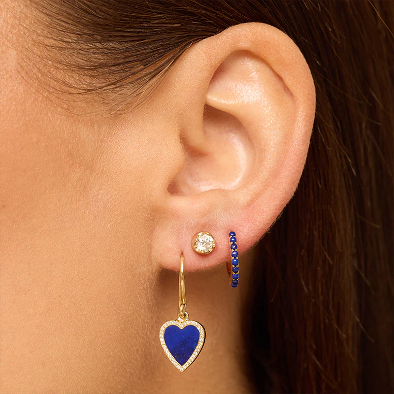 Mini Lapis Inlay Heart with Diamond Pave Earrings - Image 4