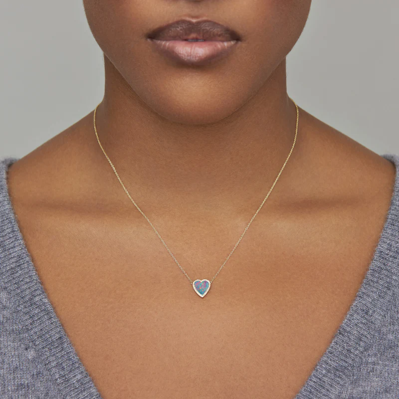 Mini Red Boulder Opal Inlay Heart Necklace with Diamonds - Image 3