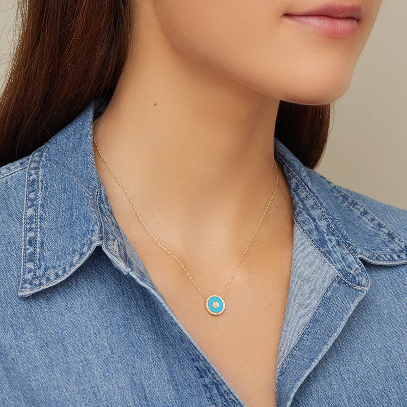 Mini Turquoise and Diamond Inlay Evil Eye Necklace - Image 4