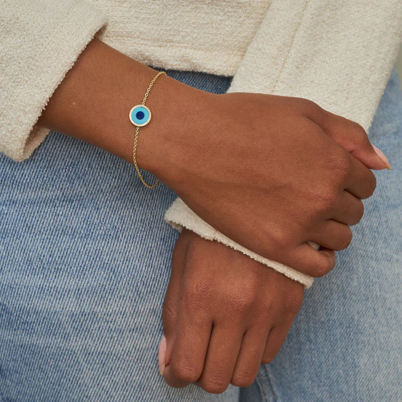 Mini Turquoise Inlay Evil Eye Bracelet with Diamonds - Image 2