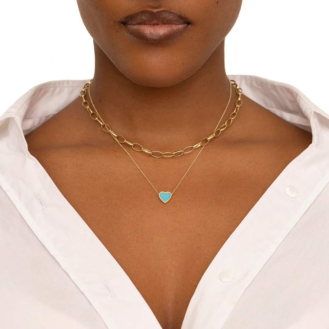 Mini Turquoise Inlay Heart Necklace with Diamonds - Image 3