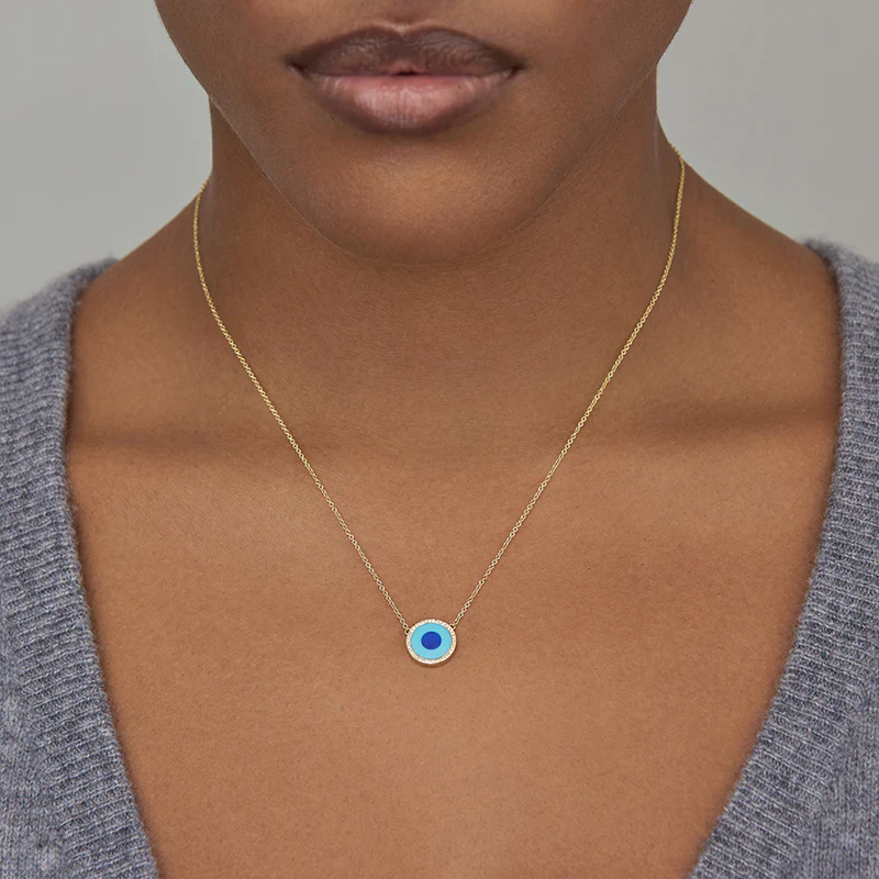 Mini Turquoise Inlay Evil Eye Necklace with Diamonds - Image 4