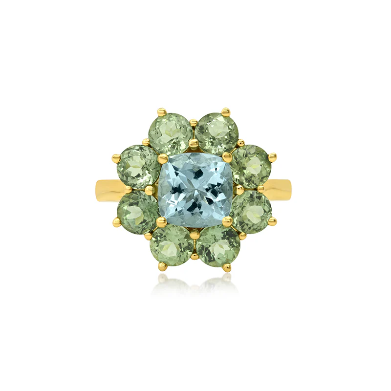 Statement Mint Tourmaline Flower Ring with Aquamarine Center - Image 2