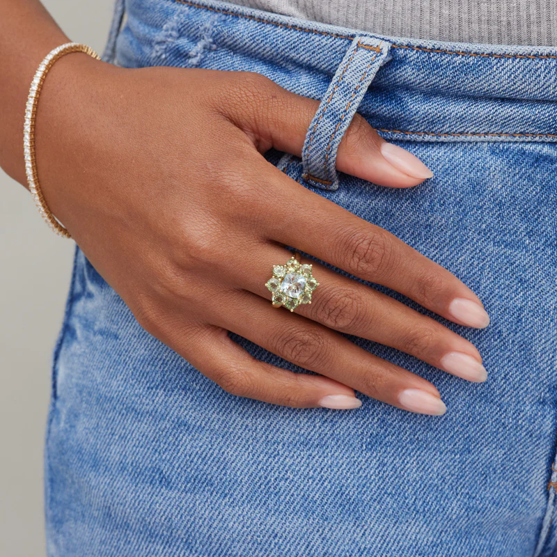 Statement Mint Tourmaline Flower Ring with Aquamarine Center - Image 5