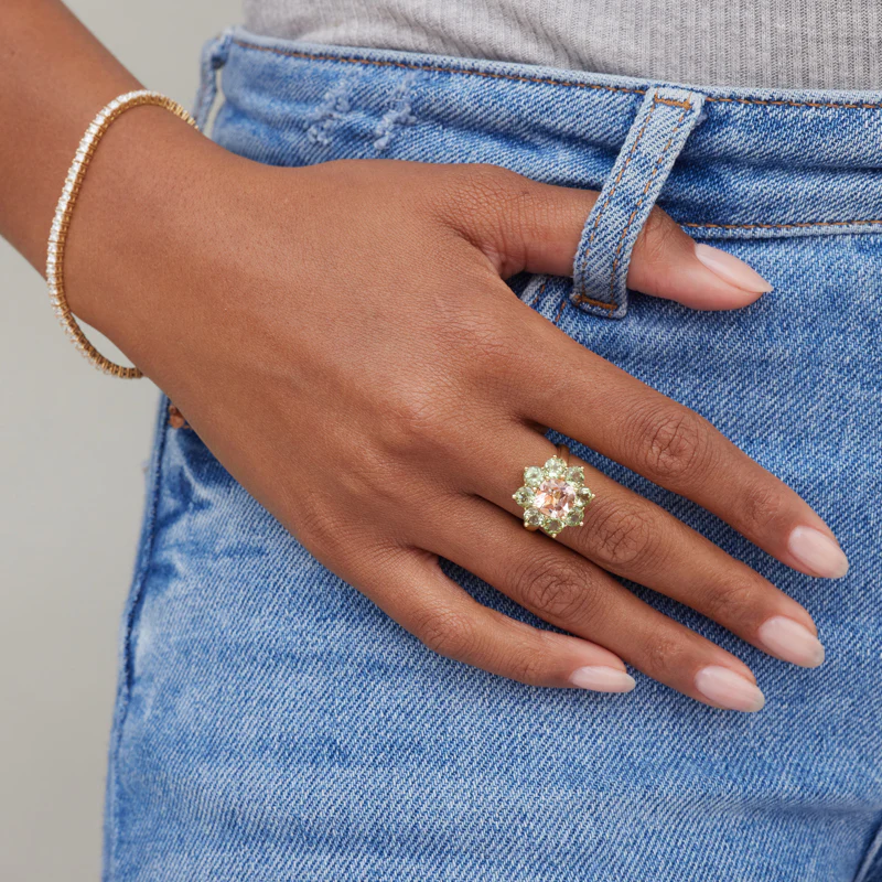 Statement Mint Tourmaline Flower Ring With Morganite Center - Image 5
