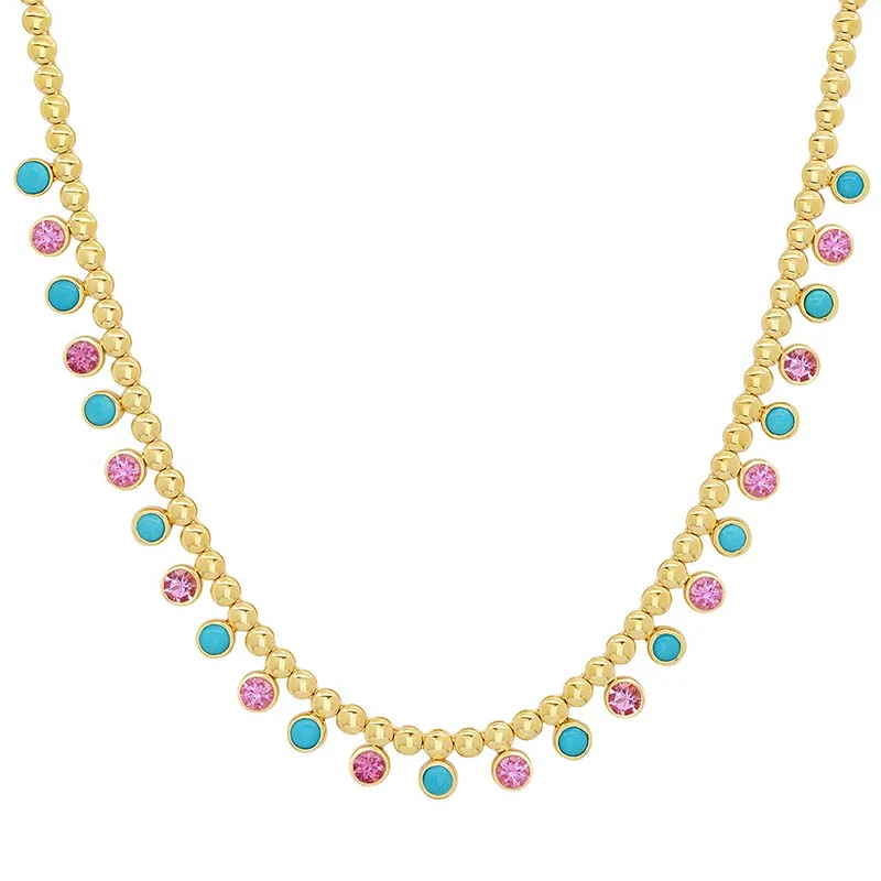 Bezel Tennis Necklace with 1/3 Pink Sapphire & Turquoise Bezel Accents