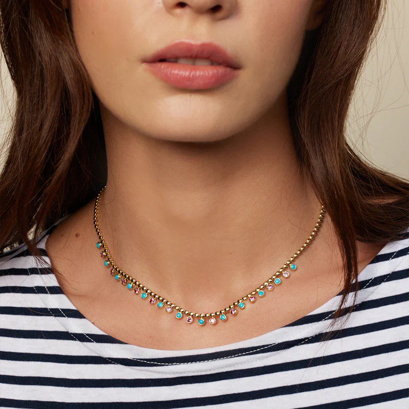 Bezel Tennis Necklace with 1/3 Pink Sapphire & Turquoise Bezel Accents - Image 5