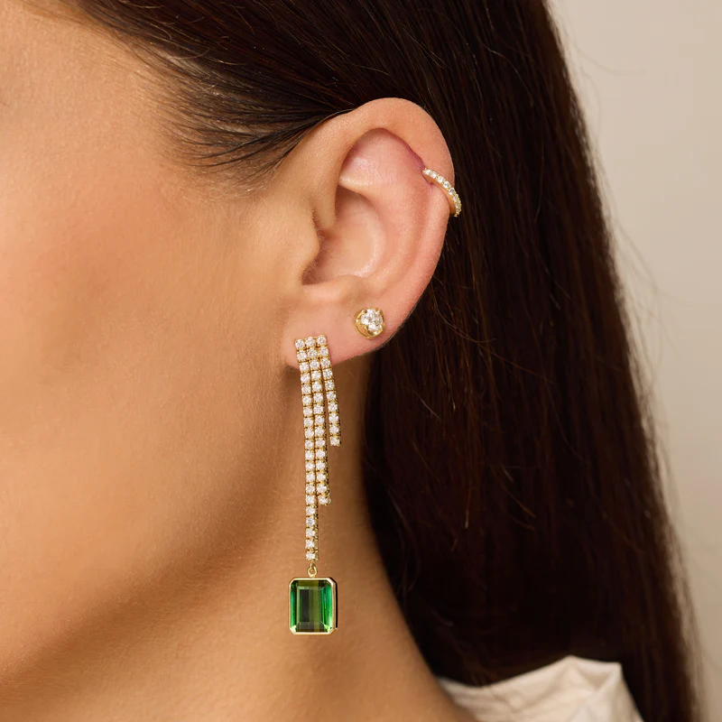 One-of-a-Kind Cascading 4-Prong Diamond Tennis Studs with Emerald-Cut Green Tourmaline Accent - Image 2