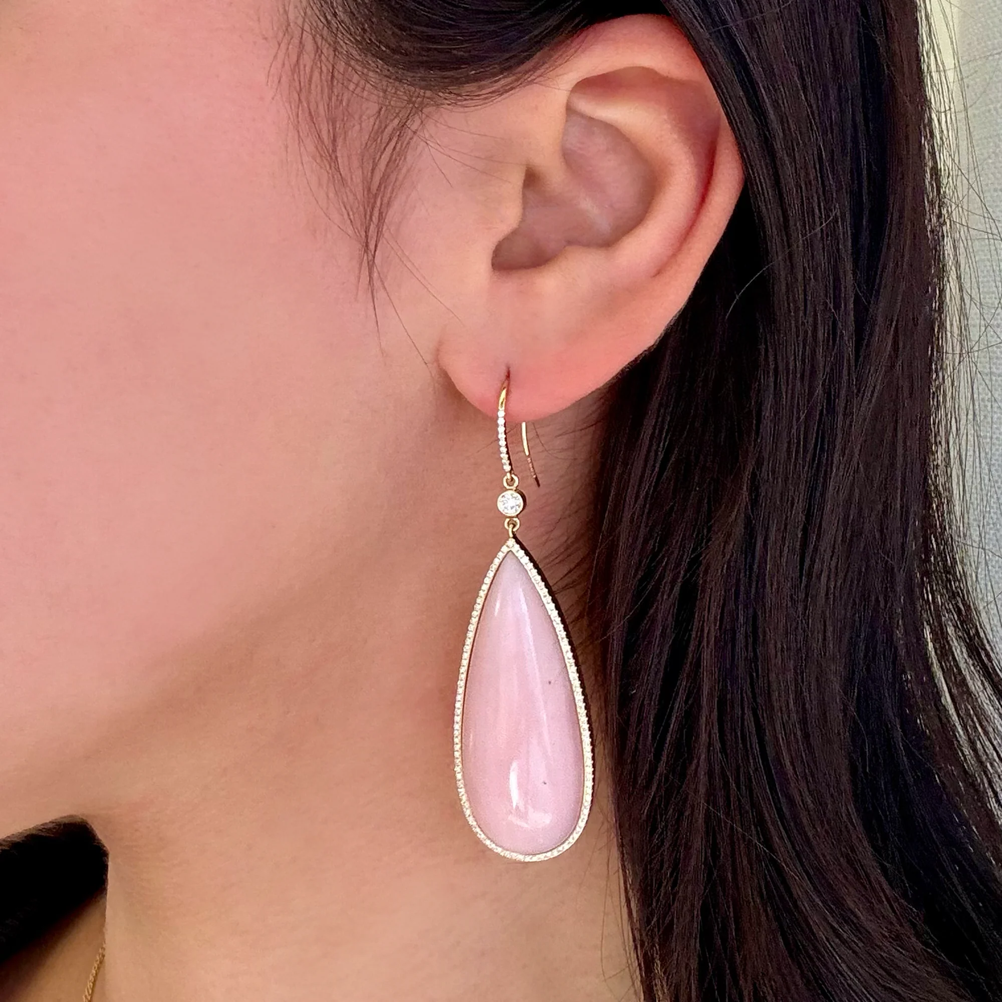 Teardrop Pink Opal Cabochon Earrings with Diamonds - Image 2