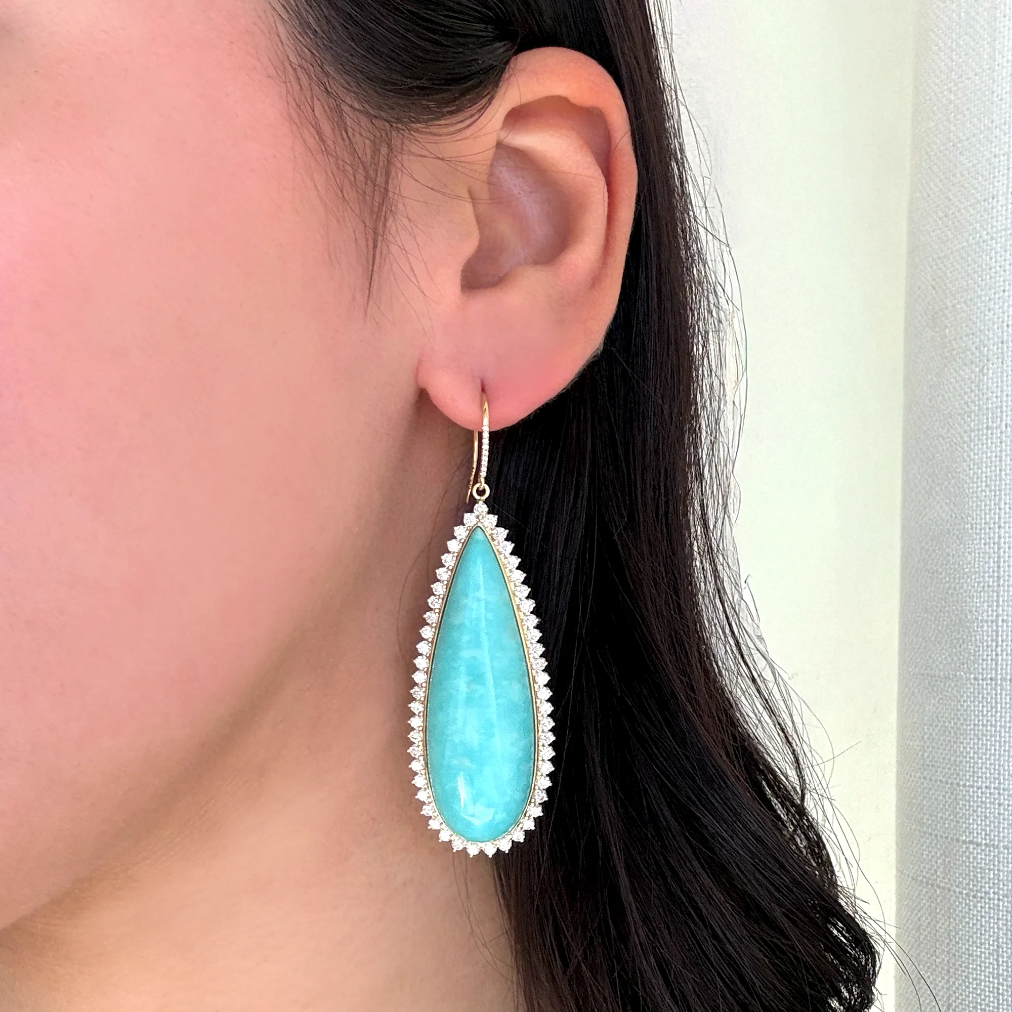 Teardrop Turquoise Cabochon Earrings with Diamonds - Image 2