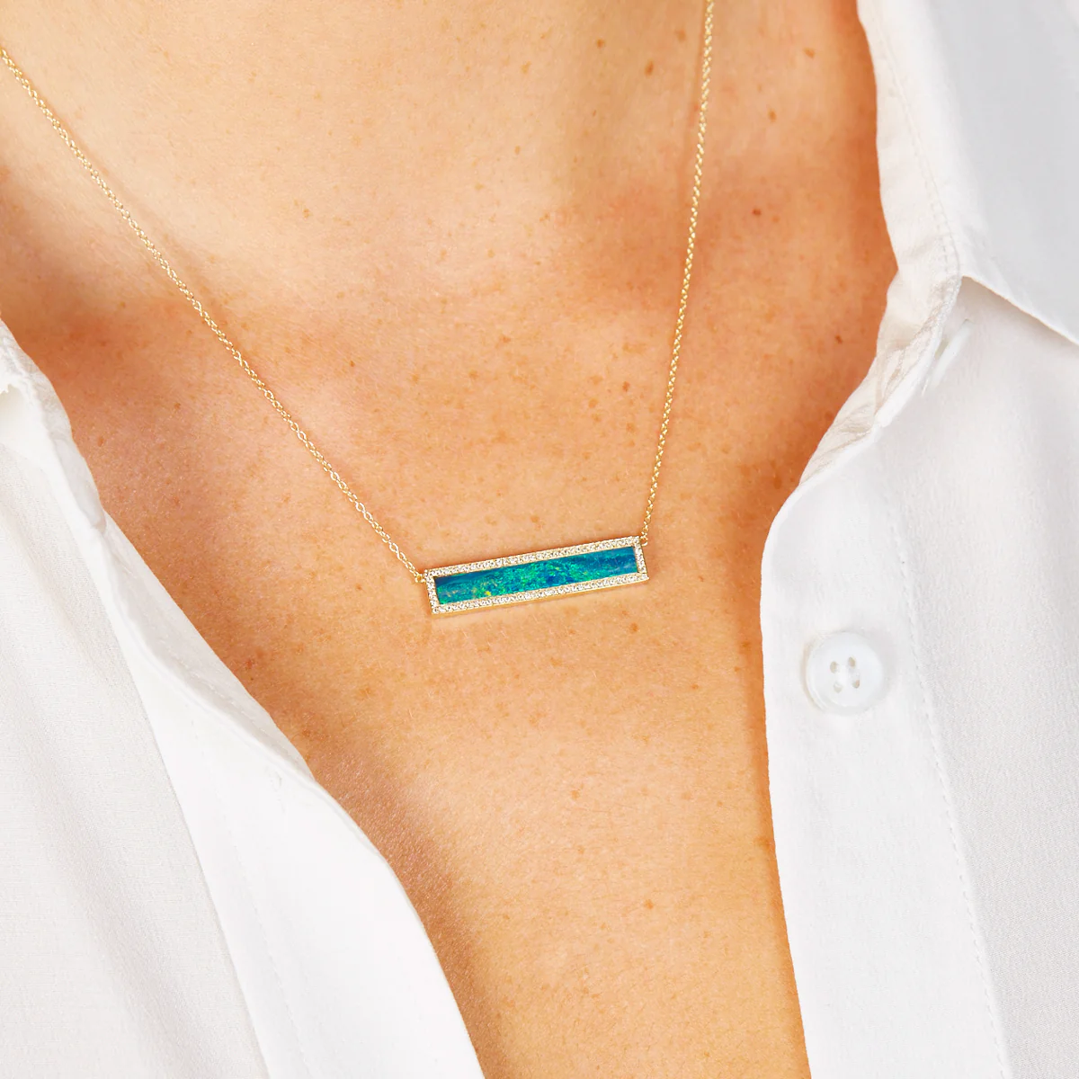Blue Boulder Opal Inlay Bar Necklace with Diamonds - Image 3