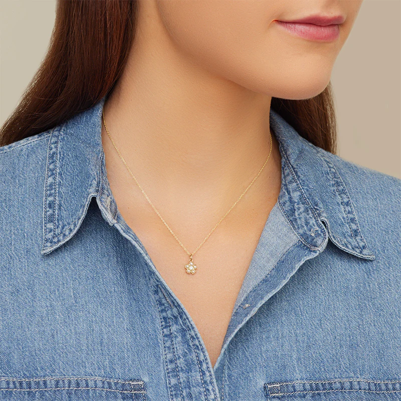Large Pearl Flower Necklace with Diamond Center - Image 3