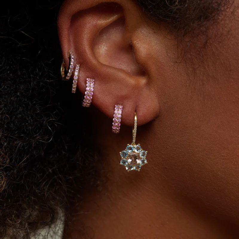 Petite Statement Aquamarine Flower Drop Earrings with Morganite Center - Image 4
