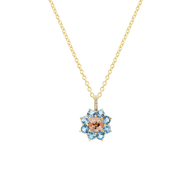 Petite Statement Aquamarine Flower Pendant Necklace with Morganite Center