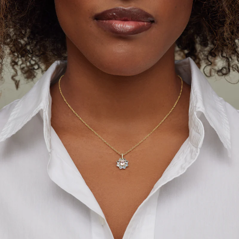 Petite Statement Aquamarine Flower Pendant Necklace with Morganite Center - Image 4