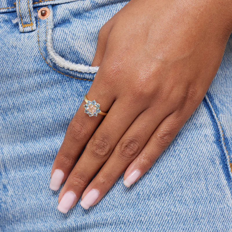 Petite Statement Aquamarine Flower Ring with Morganite Center - Image 5