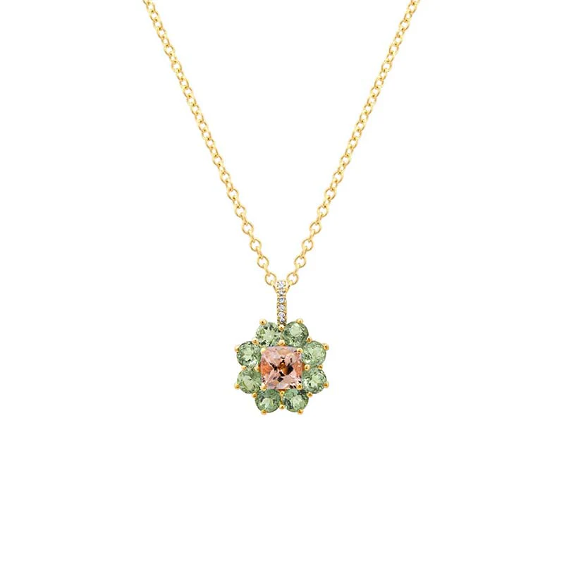 Petite Statement Mint Tourmaline Flower Pendant Necklace with Morganite Center