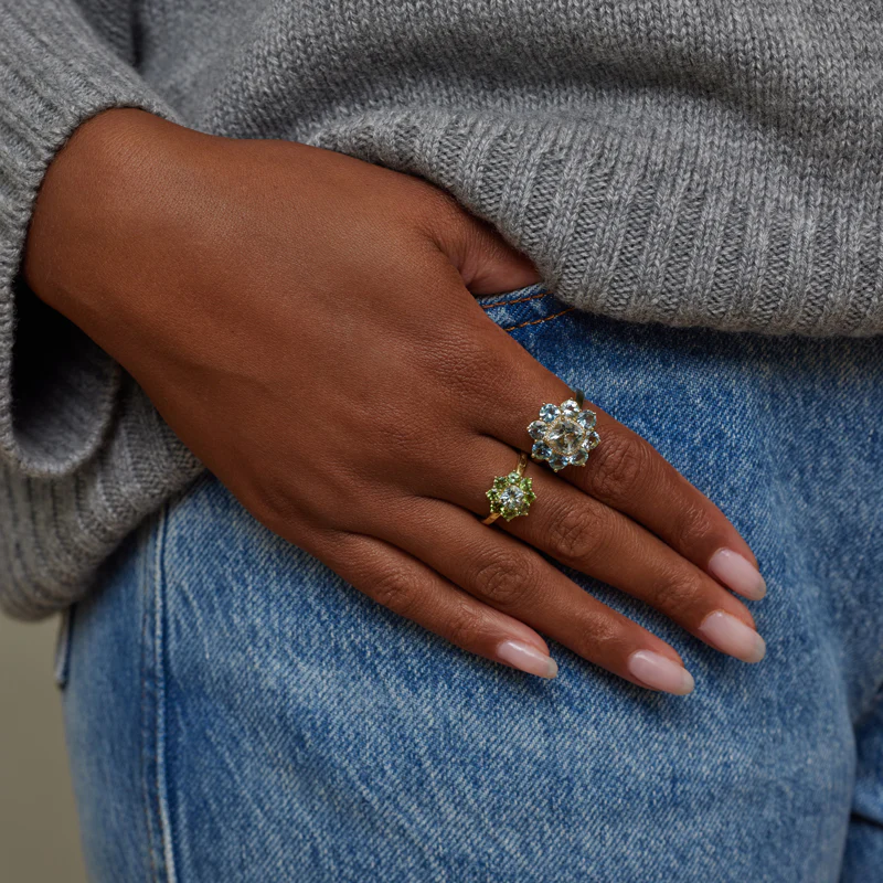 Petite Statement Mint Tourmaline Flower Ring with Aquamarine Center - Image 6