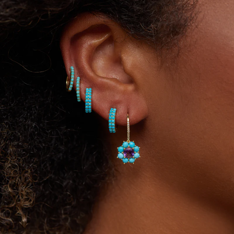 Petite Statement Turquoise Flower Drop Earrings with Amethyst Center - Image 4