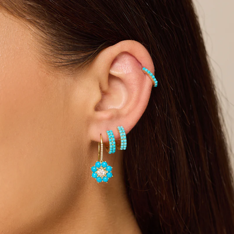 Petite Statement Turquoise Flower Drop Earrings with Illusion Set Diamond Center - Image 4
