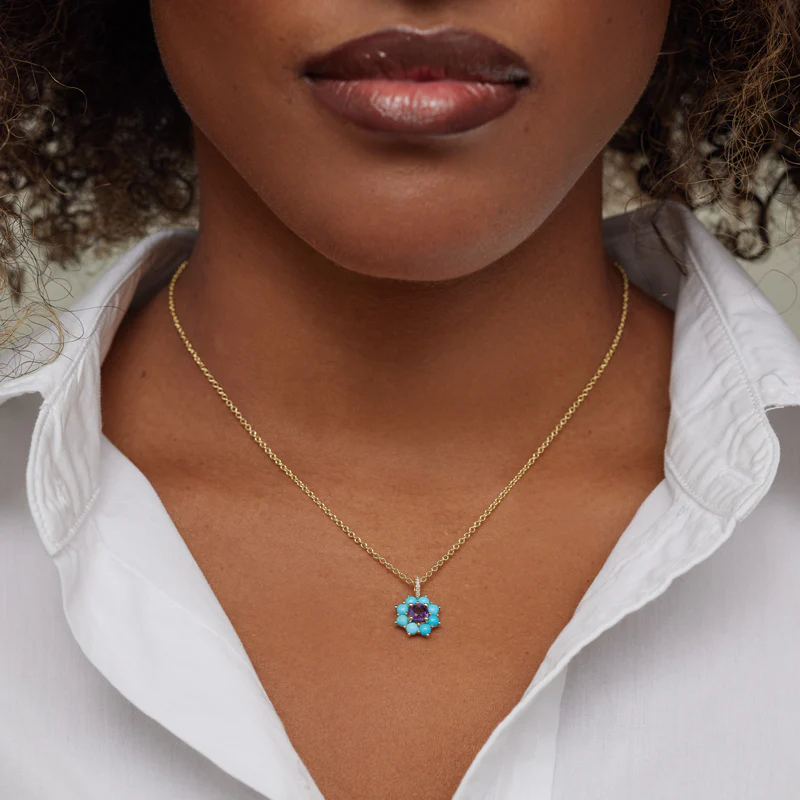 Petite Statement Turquoise Flower Pendant Necklace with Amethyst Center - Image 4