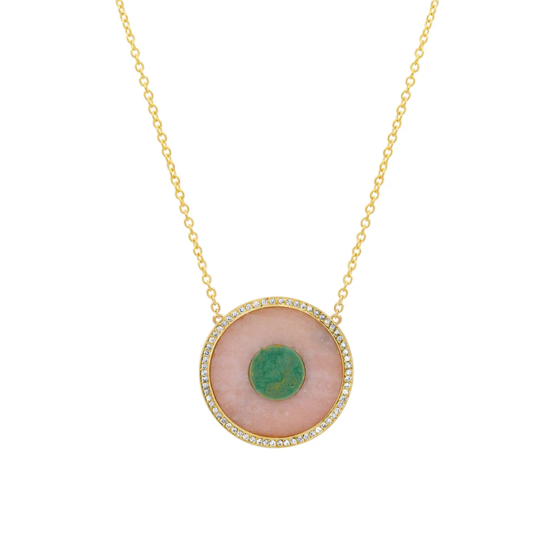 Pink Opal and Green Turquoise Inlay Evil Eye Necklace with Diamonds