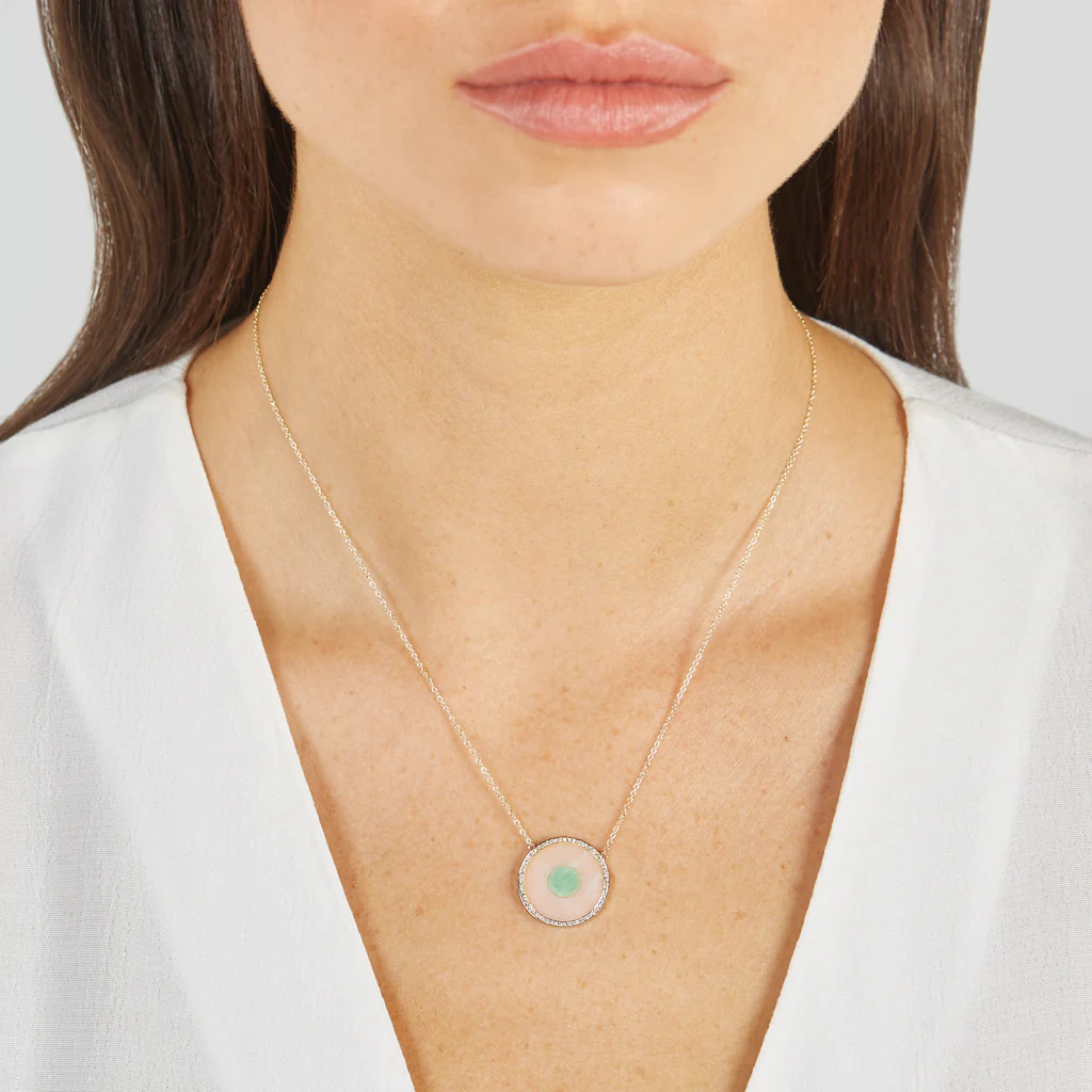 Pink Opal and Green Turquoise Inlay Evil Eye Necklace with Diamonds - Image 4