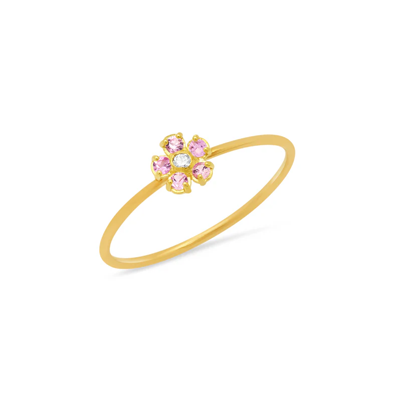 Pink Sapphire Flower Ring with Diamond Center