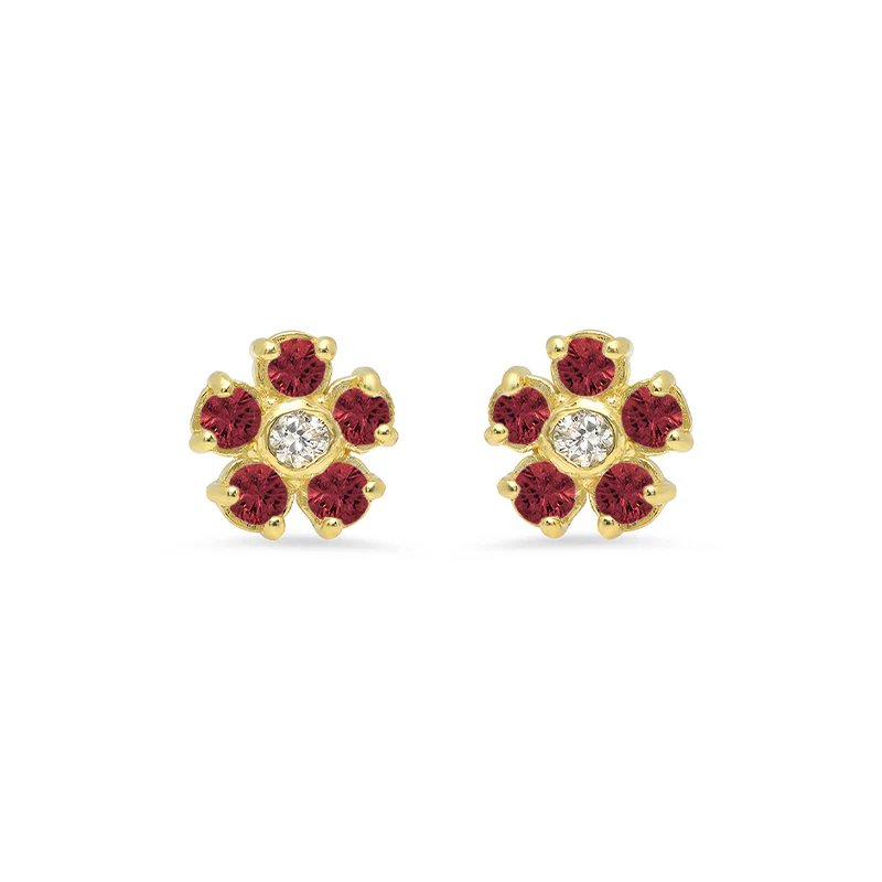 Ruby Flower Studs with Diamond Center