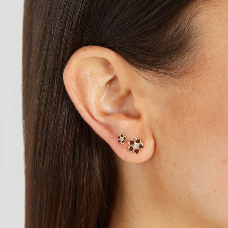 Ruby Flower Studs with Diamond Center - Image 2