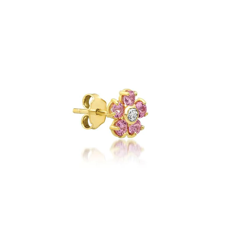 Single Pink Sapphire Flower Studs with Diamond Center - Image 2