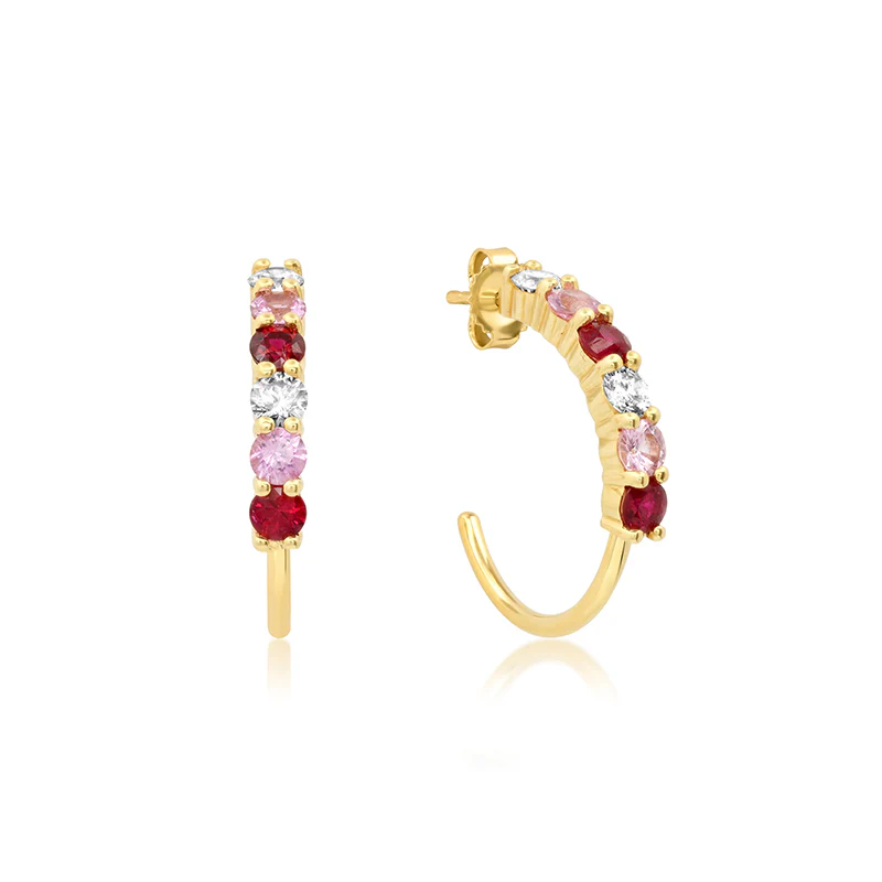 Small 4-Prong Diamond, Pink Sapphire, and Ruby Hoops - Image 2