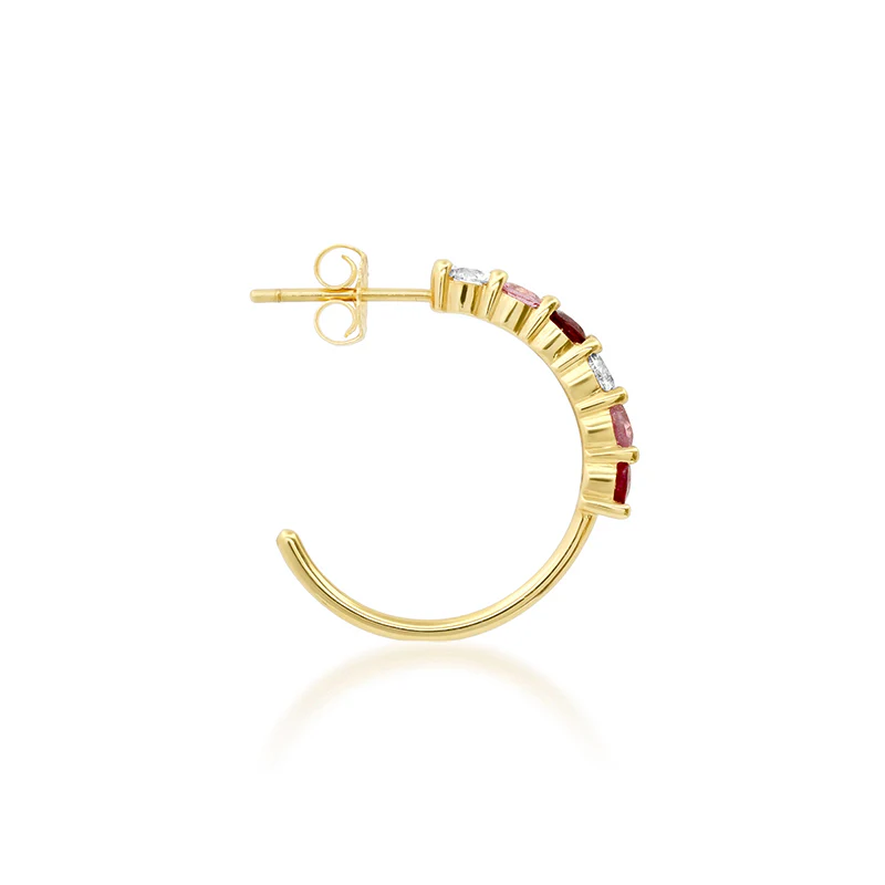 Small 4-Prong Diamond, Pink Sapphire, and Ruby Hoops - Image 3