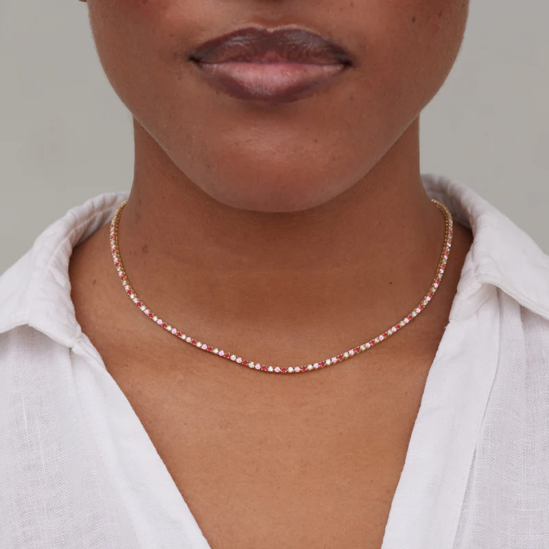 4-Prong Diamond, Pink Sapphire, and Ruby Tennis Necklace - Image 2