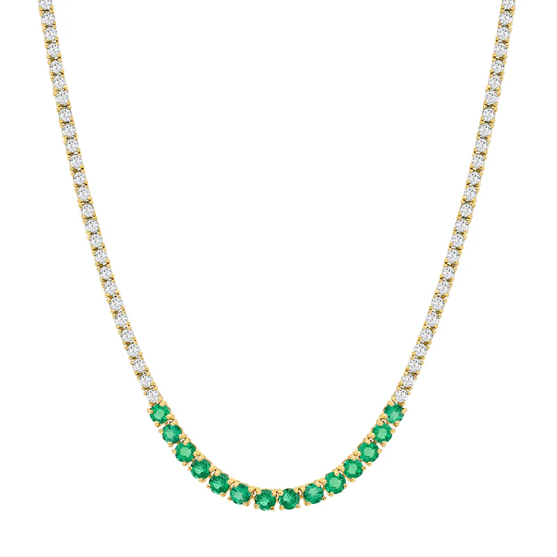 4-Prong Diamond Tennis Necklace with Large 4-Prong Emerald Accent
