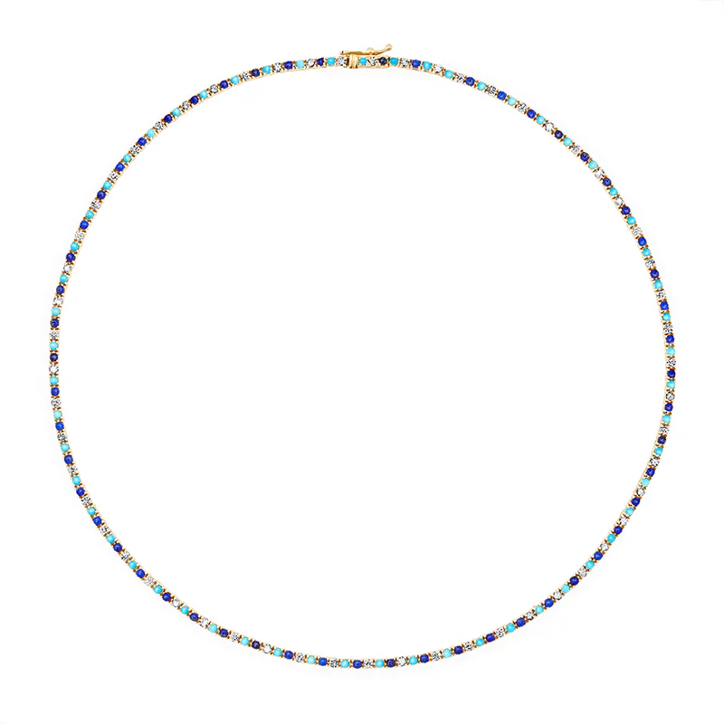 4-Prong Diamond, Turquoise, and Lapis Tennis Necklace - Image 2