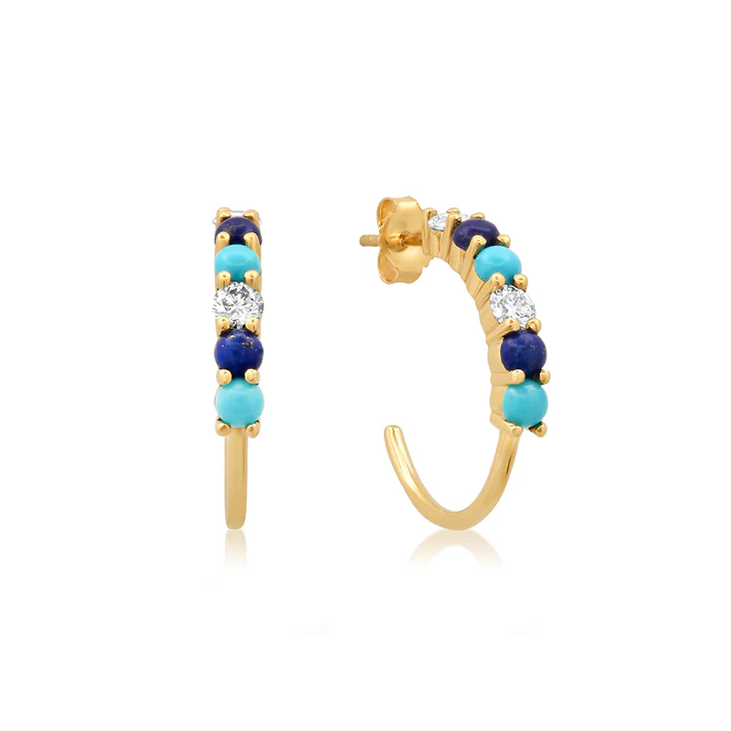 Small 4-Prong Diamond Lapis and Turquoise Hoops - Image 2